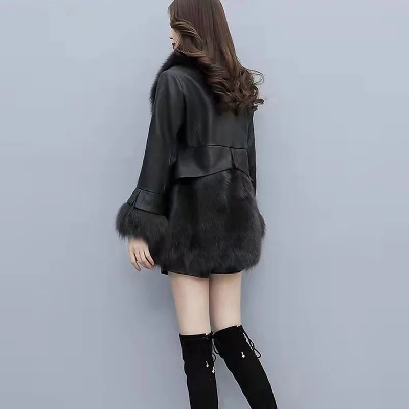 Damen PU Leder Mantel mit Kunstfell – Eleganter Mid-Length Wintermantel 2024, Warm gefütterte Lederjacke für Herbst & Winter