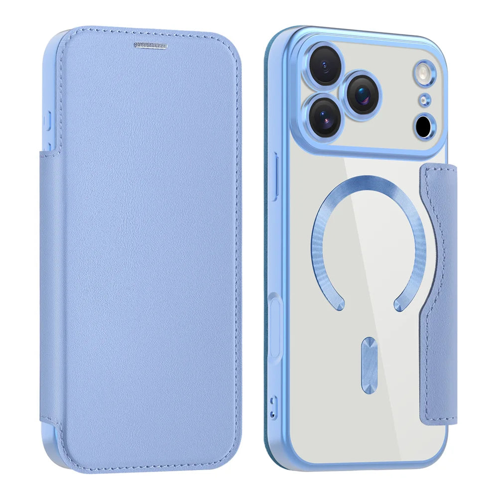 Luxus Transparentes Flip Leder Wallet Case mit MagSafe – Magnetische iPhone Hülle mit Kartenfach & Standfunktion für iPhone 11 bis 17 Pro Max