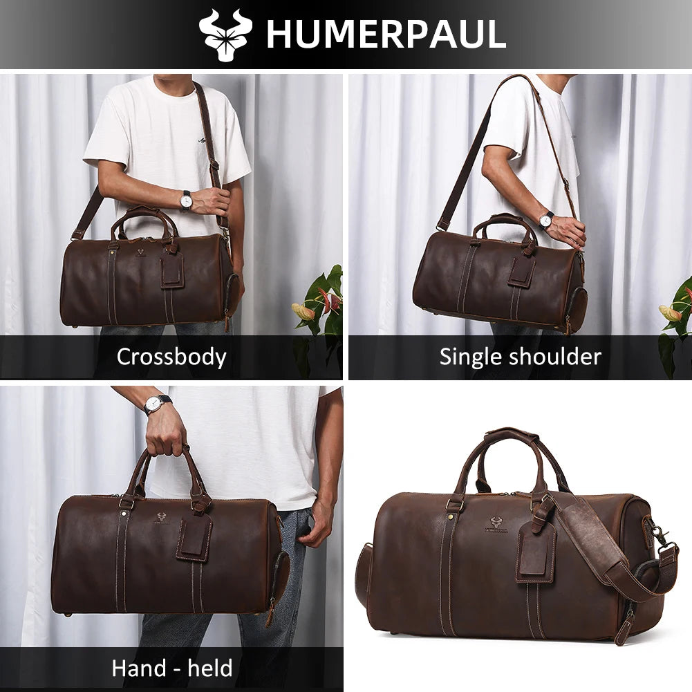 HUMERPAUL Crazy Horse Leder Business Duffle Bag - Bolsa grande con ruedas de grano completo con 15 pulgadas para computadora portátil y funda para portátil