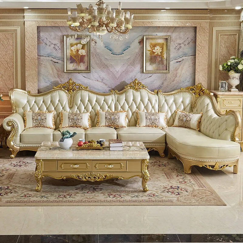 Europäisches Leder Ecksofa im französischen Stil – Massivholz Wohnzimmersofa in Champagner-Gold, L-Form Kombination