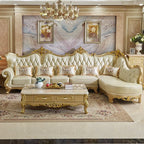 Europäisches Leder Ecksofa im französischen Stil – Massivholz Wohnzimmersofa in Champagner-Gold, L-Form Kombination