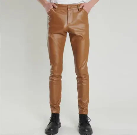 Herren Stretch PU Lederhose im Biker-Stil – Modische Pencil Pants in Gold, Rot, Blau, Schwarz, Weiß & Silber (Gr. 28–40)