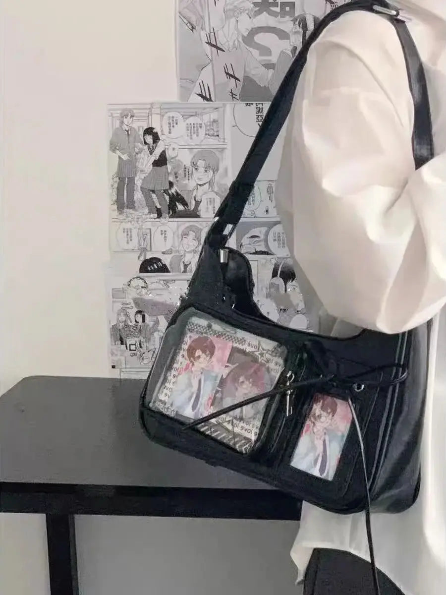 Y2K Harajuku Damen Schultertasche – Transparent Ita Bag im koreanisch-japanischen Preppy-Stil mit Schleife, Sac à main bandoulière