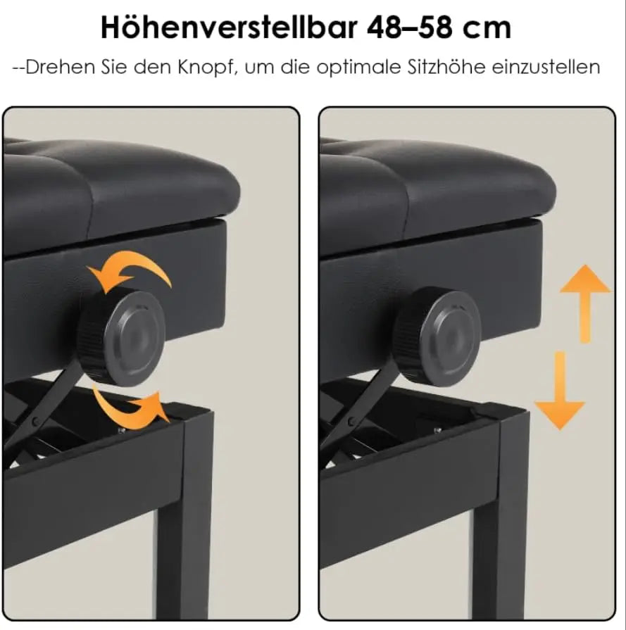 Höhenverstellbare Klavierbank mit Stauraum – Robuste Piano Bench mit Lederkissen aus Massivholz, schwarz, für Einzel- & Doppelsitz