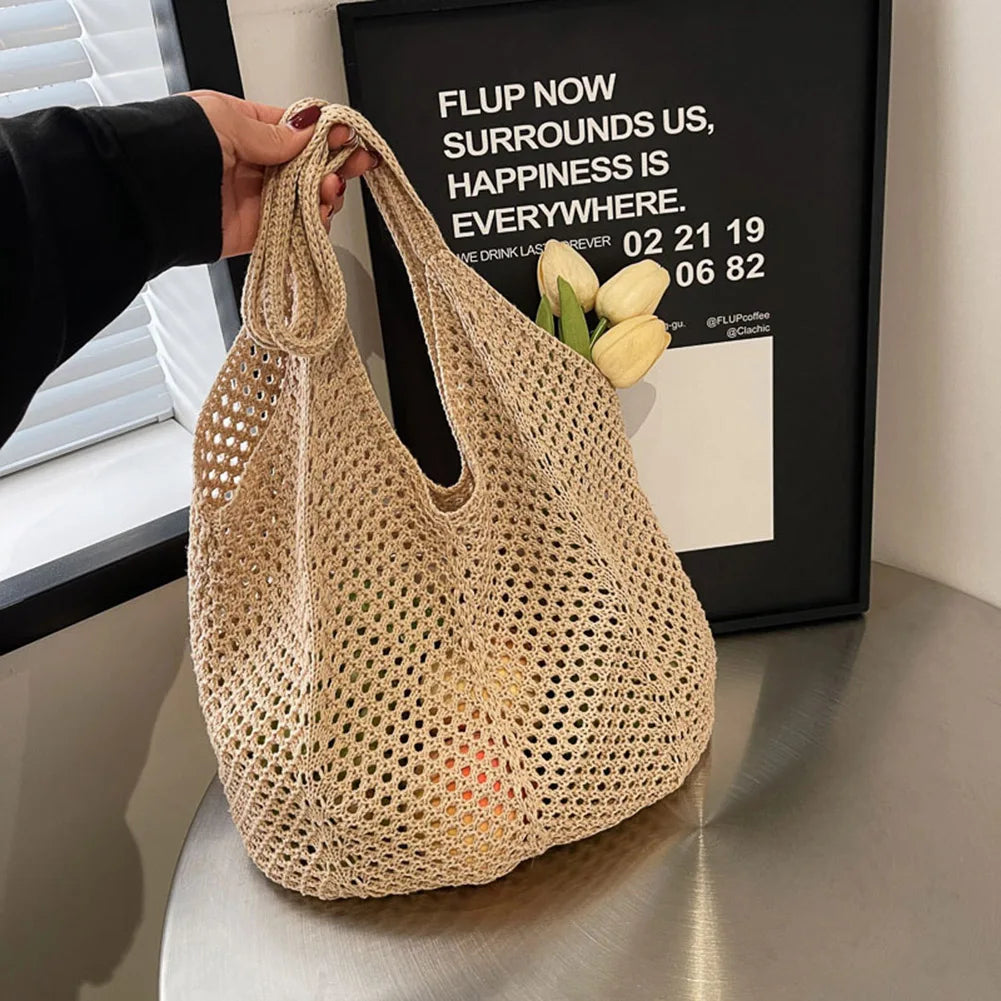 Damen Strick-Schultertasche – Große Hobo Bag aus gehäkeltem Mesh für Sommer, Strand & Alltag