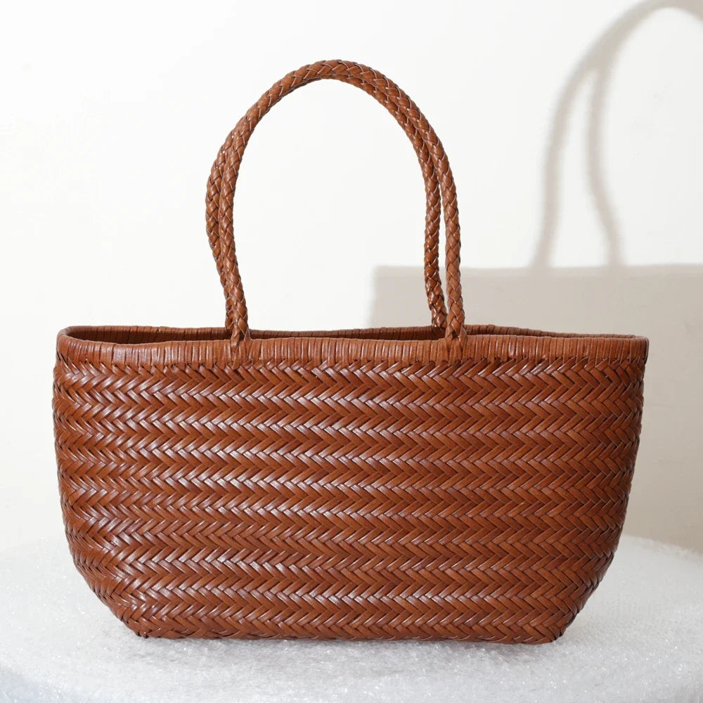 Damen Schultertasche aus echtem Leder – Handgeflochtene Vintage Tote Bag aus Rindsleder, große Shoppingtasche
