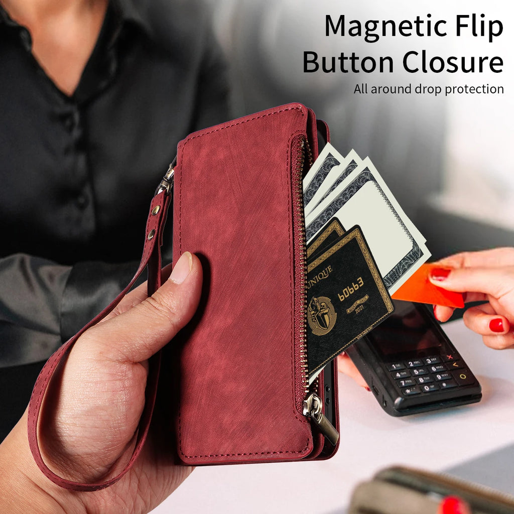 Funda tipo billetera de cuero PU para Samsung Galaxy – Funda abatible con tarjeta y cierre magnético para S25 Edge, S24, S23, S22, S21, S20, S10, S9, S8 Plus y Note20