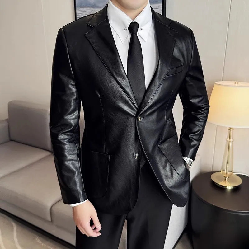 Herren PU Lederjacke Slim Fit – Eleganter Lederblazer mit Reverskragen für Business & Smart Casual
