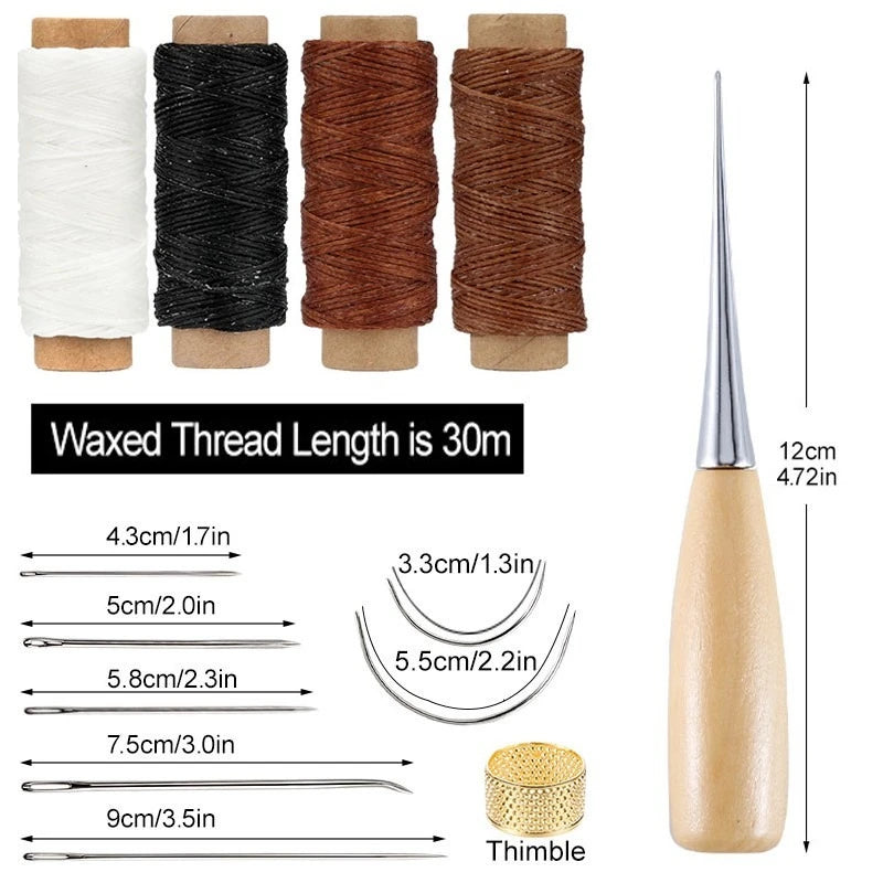 13-teiliges Leder Nähset für Taschen & Schuhe – Handnäh-Reparaturset mit Ahle, gewachstem Faden, Nadeln & Fingerhut