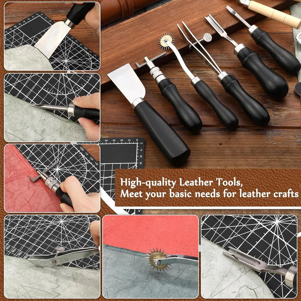 Zxiixz Profi Lederwerkzeug Set - Kit de herramientas para manualidades en cuero con Ahle, punzón de costura, Nähnadeln y Kantenbearbeitung 
