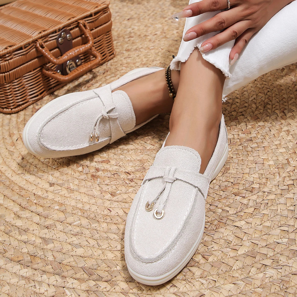 Dames Retro Slip-On Schuhe en cuir blanc – Bequeme Lazy Shoes mit Dicker Sohle &amp; flachem Absatz für Alltag &amp; Freizeit