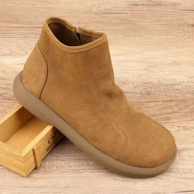 Handgefertigte Damen Stiefeletten aus echtem Leder – Warme Retro Ankle Boots mit Rundspitze &amp; Reißverschluss (Größe 35–45) 