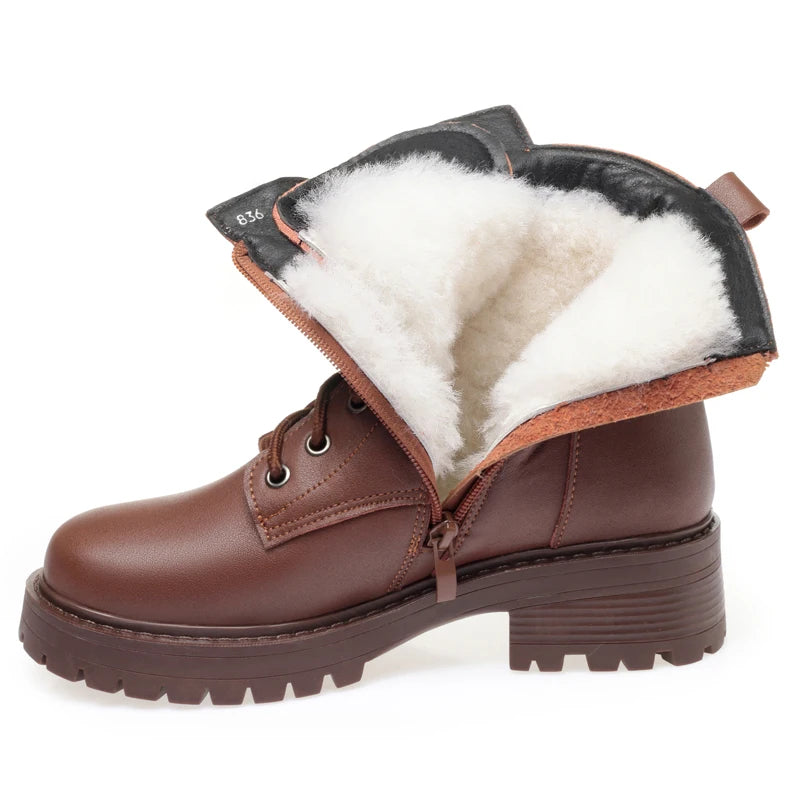 Damen Winter Snow Boots aus echtem Leder – Warme & rutschfeste Ankle Boots mit Kunstfellfutter, Blockabsatz & Reißverschluss, Größen 35–43