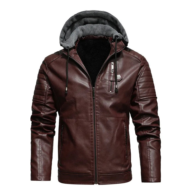Herren PU-Lederjacke mit Kapuze & Fleece-Futter – Warme Motorradjacke für Herbst & Winter, Casual Lederjacke in Weiß