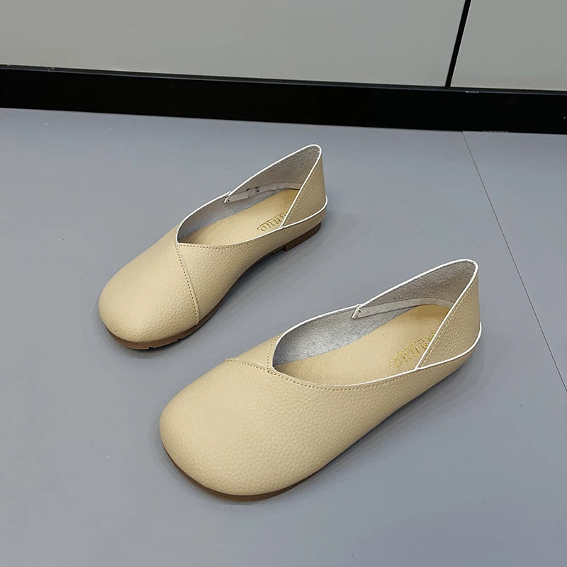Damen Slip-On Leder Loafers – Frühling/Herbst Ballett-inspirierte Runde Zehen Flats, Bequeme Freizeitschuhe, Krankenschwester-Schuhe, Große Größen bis 43