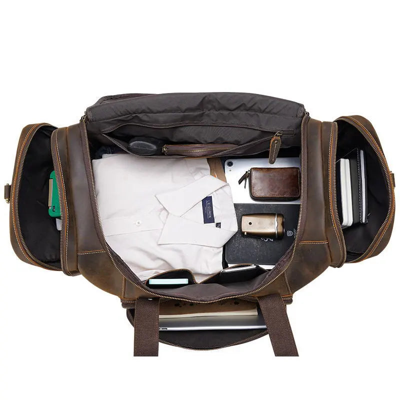 QINGWU Grand sac de voyage en cuir pour hommes – Vintage Weekender au véritable Crazy Horse Rindsleder avec Schuhfach 