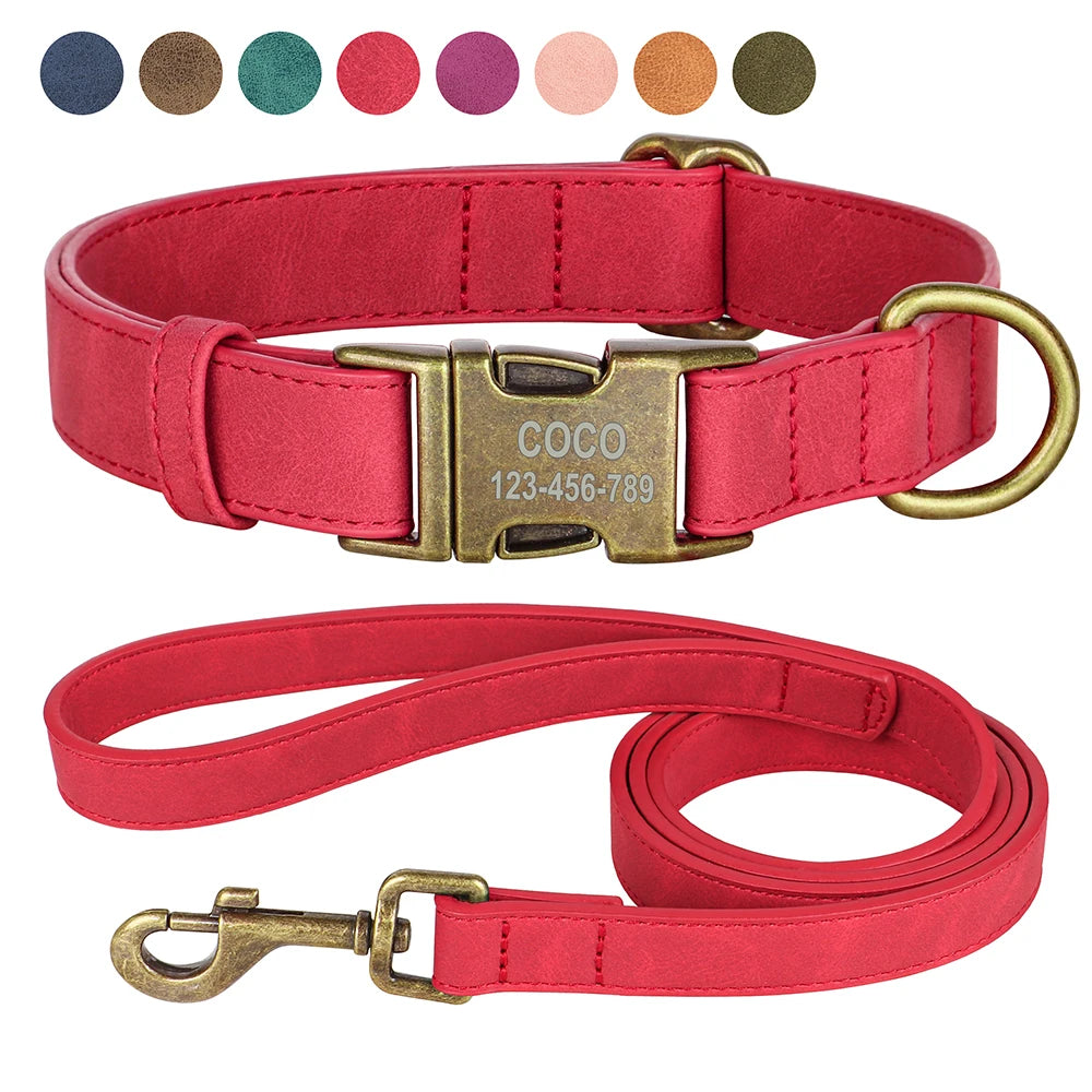 Personalisiertes Hunde-Halsband & Leinen-Set aus PU-Leder – Verstellbares Anti-Verlust Halsband mit gravierter Metallschnalle für kleine & mittelgroße Hunde