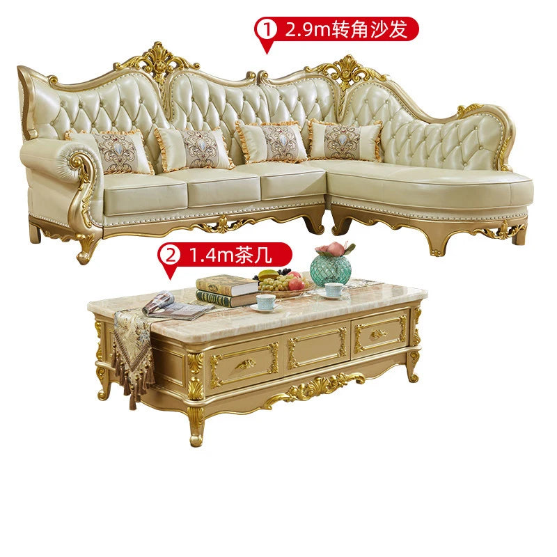 Europäisches Leder Ecksofa im französischen Stil – Massivholz Wohnzimmersofa in Champagner-Gold, L-Form Kombination