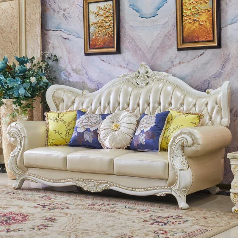 Europäisches Leder-Ecksofa aus Massivholz – Modulares L- oder U-Form Sofa im Retro-Modern-Stil für Wohnzimmer, Apartment & Villa