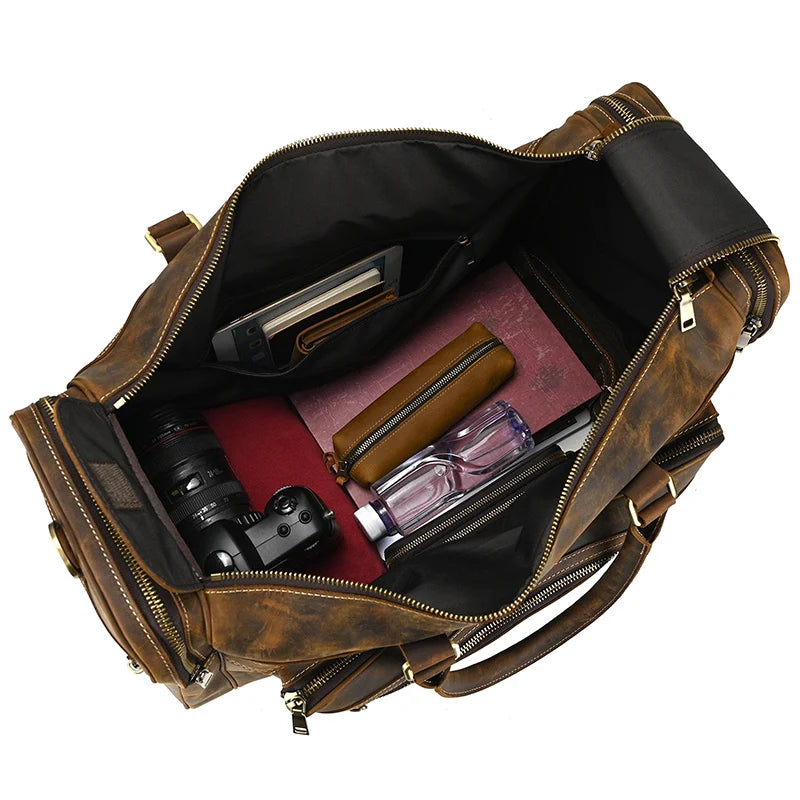 Newsbirds Extralarge Crazy Horse Bolsa de cuero para hombres – 60 cm Vintage Travel Duffle aus echtem Rindsleder mit Nietenboden 