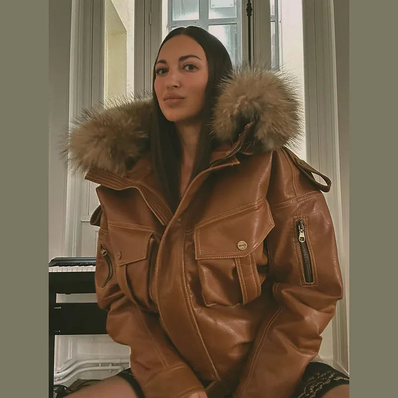 Damen Lederlook Zweiteiler 2025 – High-Street Set con chaqueta y manguera con abnehmbarer Kunstfell-Kapuze, Herbst- &amp; Winter-Outfit mit Stil