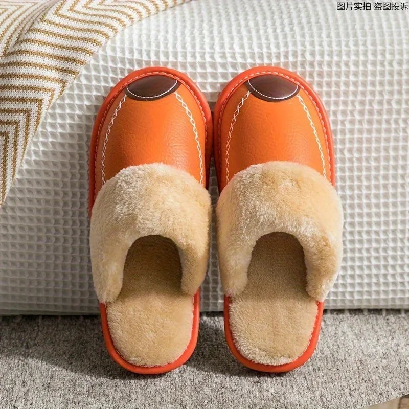 Herren Winter Hausschuhe aus PU-Leder – Warme Indoor Slipper mit Plüschfutter, Rutschfeste & Wasserabweisende Lederschuhe für Zuhause