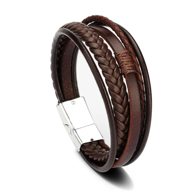 Herren Lederarmband mit Edelstahl & geflochtenem Design – Mehrlagiges Vintage Armband 21 cm für stilbewusste Männer