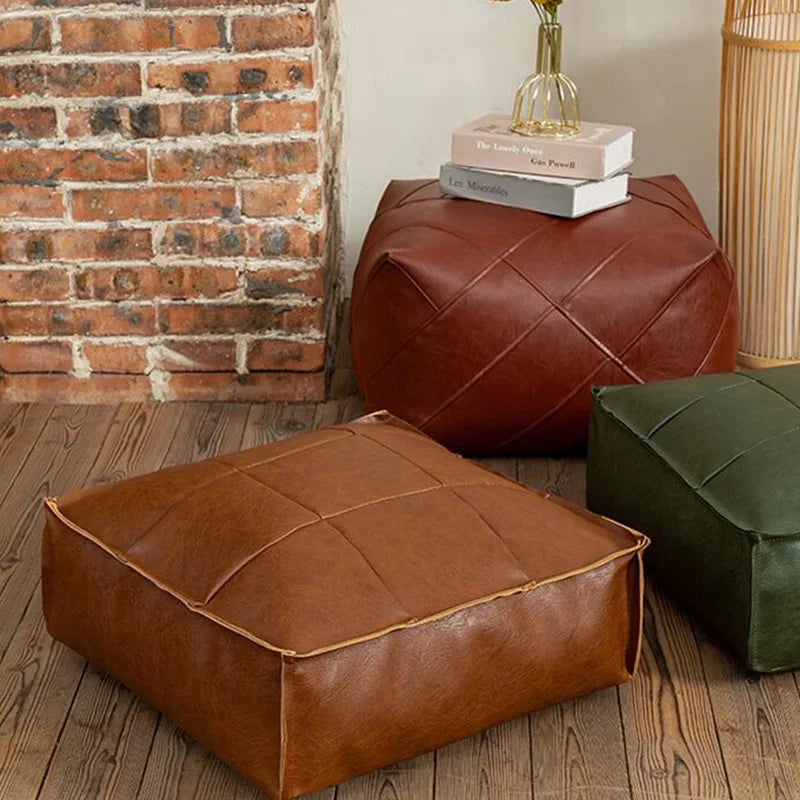 Pouf marocain en cuir PU à l'huile et à la cire – Autocollants pour les meubles et les poufs sans remplissage pour les meubles et les meubles 