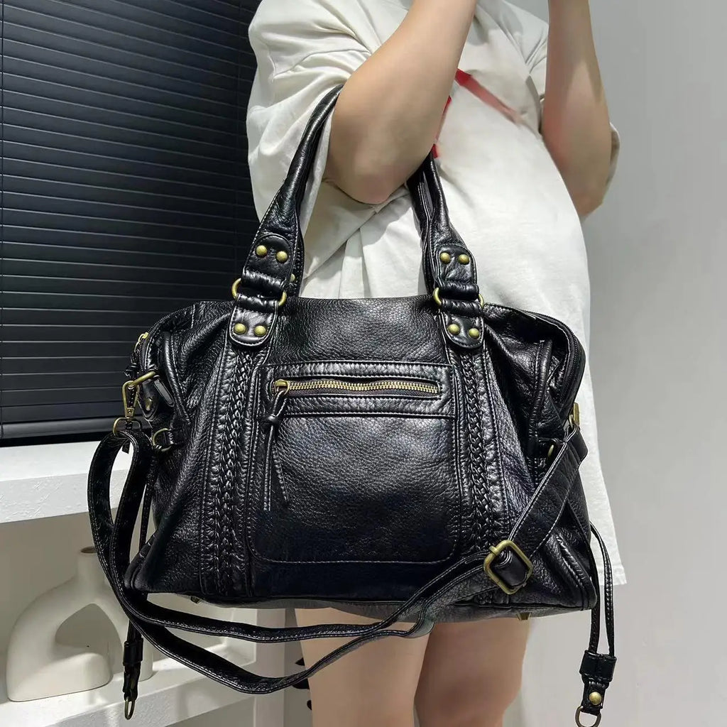 Y2K Retro Motorrad Schultertasche für Damen - Bolso bandolera vintage grande con cuero de PU en apariencia usada