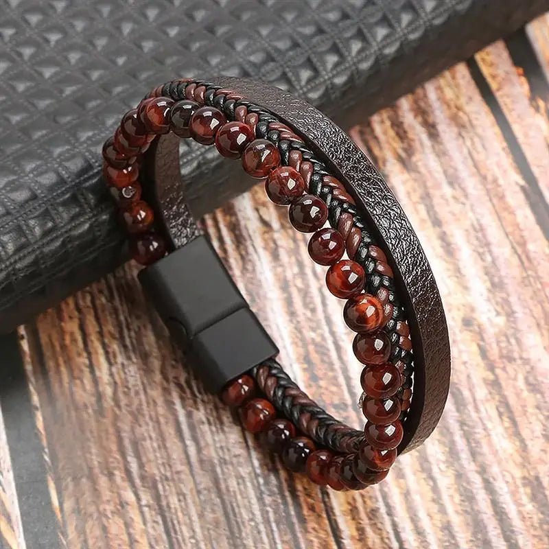 Klassisches Herren Lederarmband – Handgeflochtenes Multi-Layer Armband mit Magnetverschluss im modernen Punk-Style