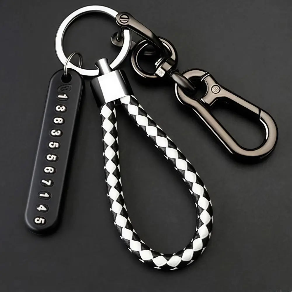 Trendiger DIY Leder-Schlüsselanhänger mit geflochtenem Seil – Anti-Verlust Keychain für Auto & Motorrad, schlichter Keyring mit Metallring in Schwarz