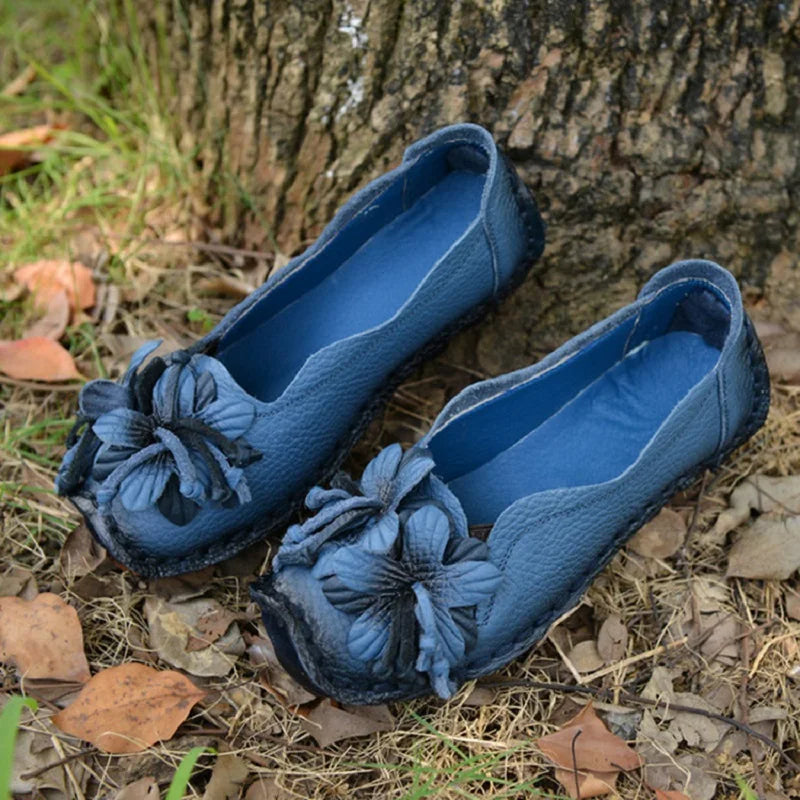 feerldi Damen Retro Ballerinas – Handgefertigte Lederschuhe, Luxuriöse Flats und Loafers mit Blumenapplikation
