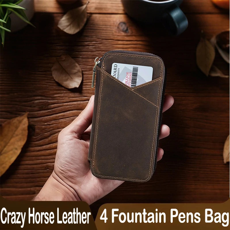 Vintage Crazy Horse Cuir Stifteetui – Handgefertigtes Echtleder Pen Case pour 4 Füllfederhalter | Sac à dos multifonction en cuir avec sac à dos 