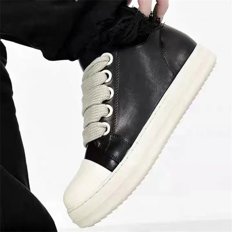 Damen Plateau Sneaker 2025 aus schwarzem Leder – Casual Schnürschuhe mit Reißverschluss & dicker Sohle | Bequeme Freizeit-Sneaker