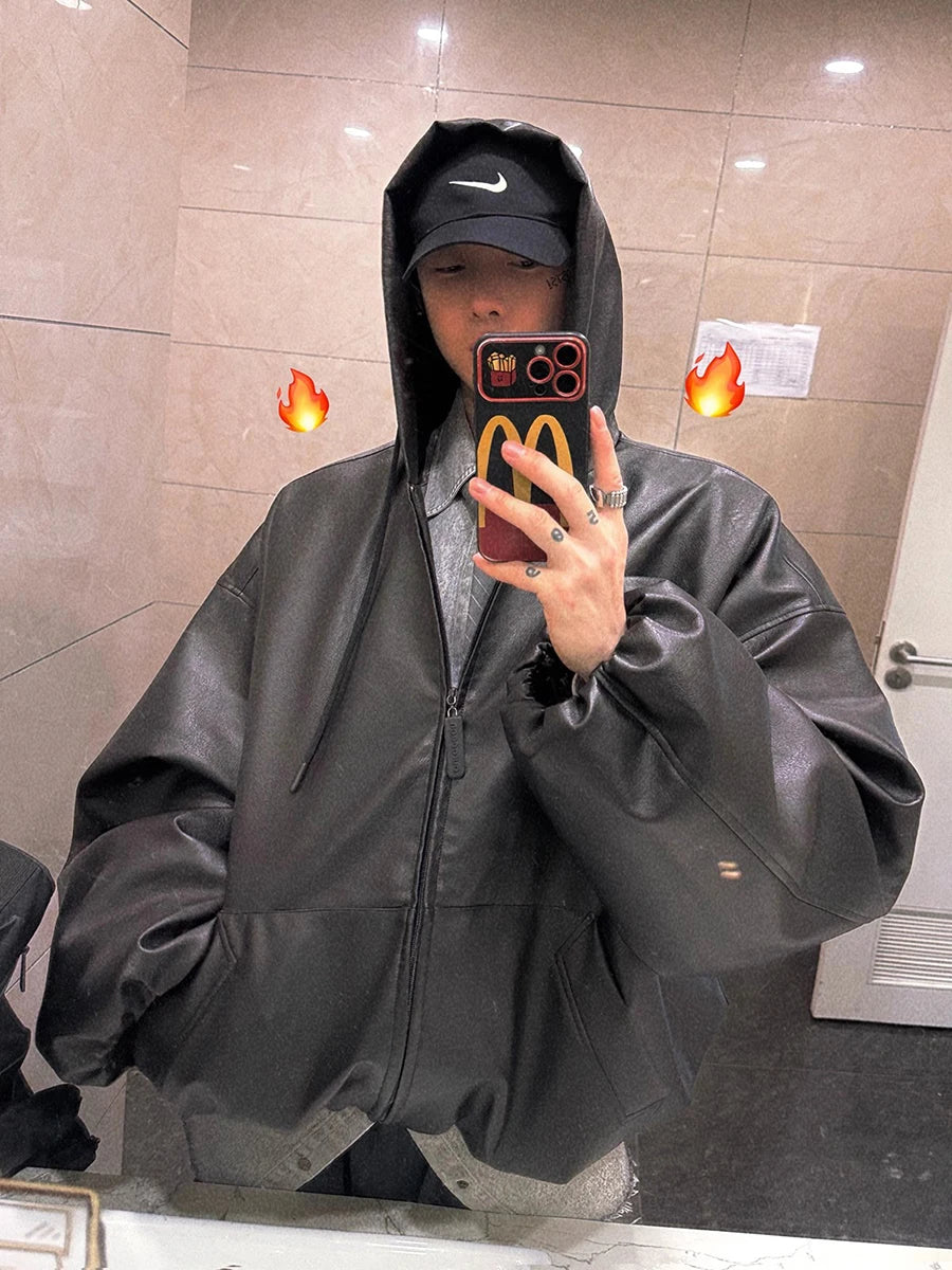 Kurze Oversized Herren PU-Lederjacke mit Kapuze – Schwarze Soft-Kunstlederjacke im Korean Style für Frühling & Herbst