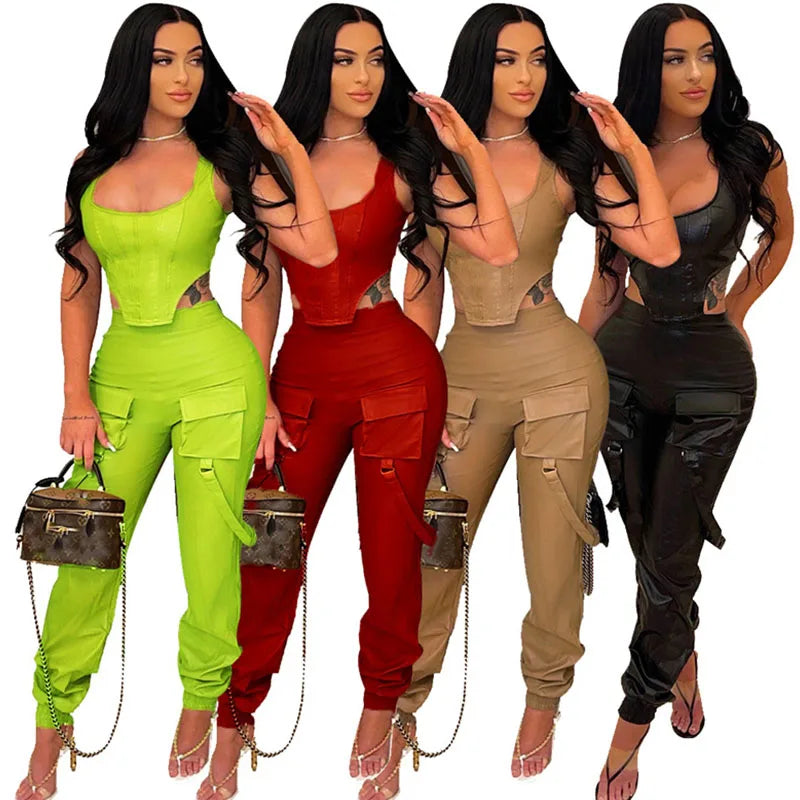 Sexy PU Leder 2-Teiliges Damen Set – Crop Top & High Waist Cargo Hose mit Taschen, figurbetontes Matching Outfit für Party & Club