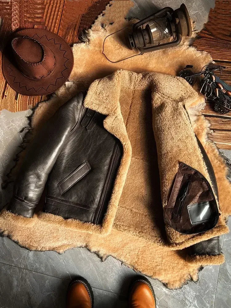 Herren Winter Lederjacke aus echtem Shearling – Schafleder Jacke mit warmem Wolllammfell-Futter, Braun, große Größen bis 5XL