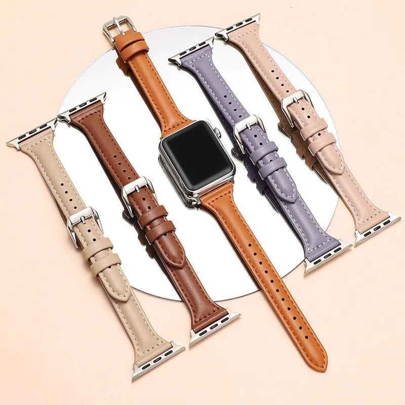 Schmales Lederarmband für Apple Watch – Elegantes Slim Leather Strap für Damen 38–45 mm & Ultra 49 mm mit Metallschließe