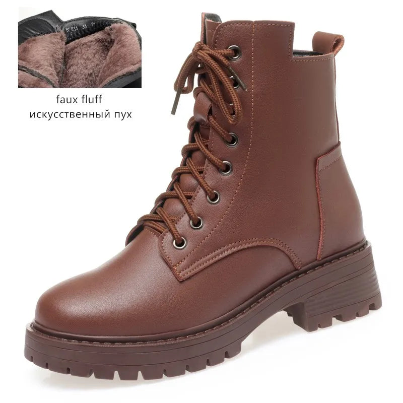 Bottes de neige d'hiver pour femmes en cuir véritable – Bottines chaudes et rutschfeste avec Kunstfellfutter, Blockabsatz &amp; Reißverschluss, Größen 35–43 
