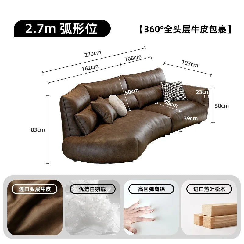 Luxuriöses Designer-Ledersofa im chinois-modernen Stil – Geschwungenes Wohnzimmer-Sofa aus Rindsleder, komfortables Relax-Canap for stilvolles Wohnen