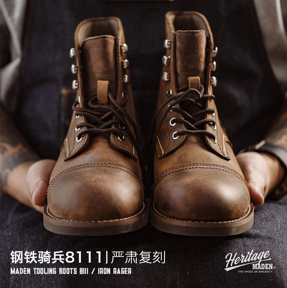 MADEN Hommes Vintage 8111 Bottines – Erstklassige Rindsleder Paratrooper Motorradstiefel für Herbst &amp; Winter 