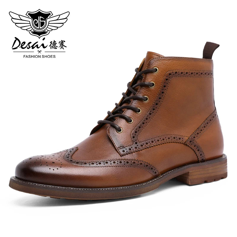 Desai Herren Brogue Lederstiefel – Fleecegefütterte Ankle Boots aus echtem Leder, modische Schnür- und Reißverschluss-Stiefel