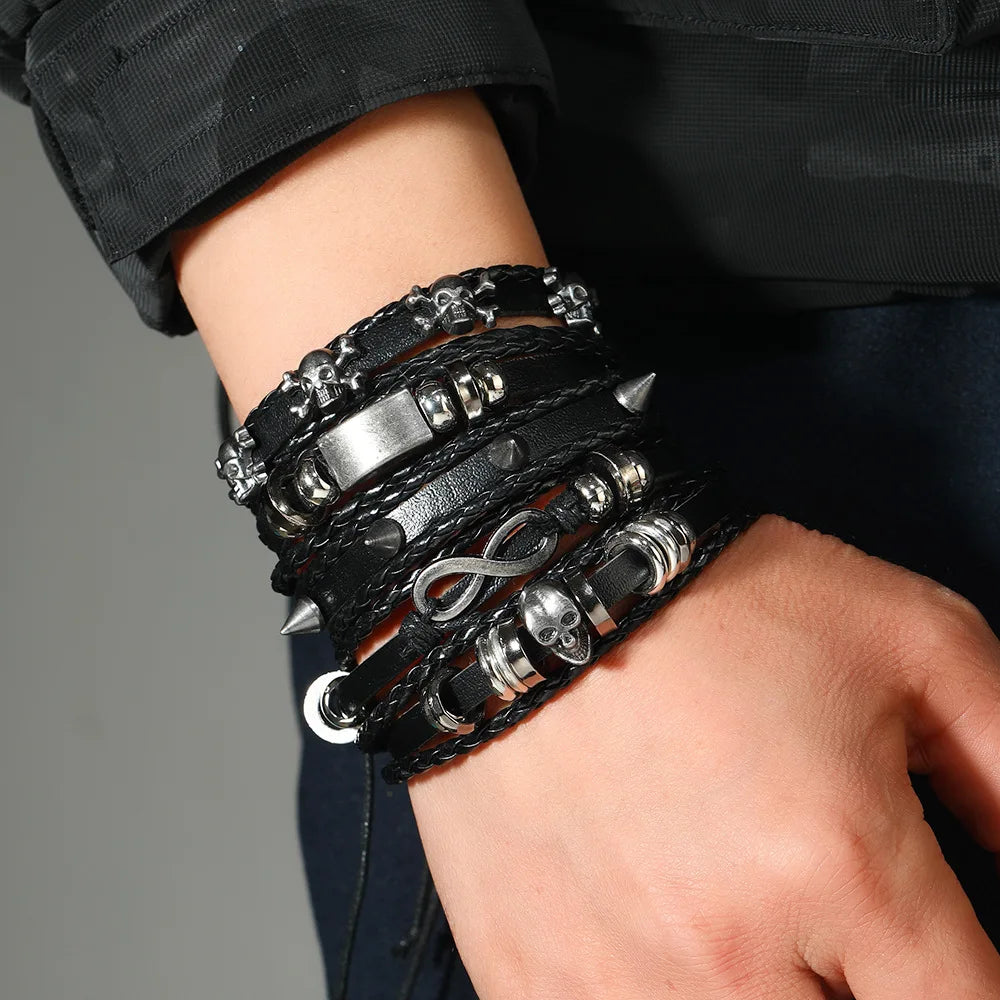 Viking Lederarmband mit Totenkopf – Verstellbares Herren- & Unisex Armband im Neo-Gothic Stil, Geflochtenes Lederarmband