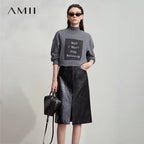 AMII Damen PU Leder Rock – Minimalistischer Knie­langer Business-Rock im American Retro Stil, eleganter Office-Rock Herbst/Winter 2025