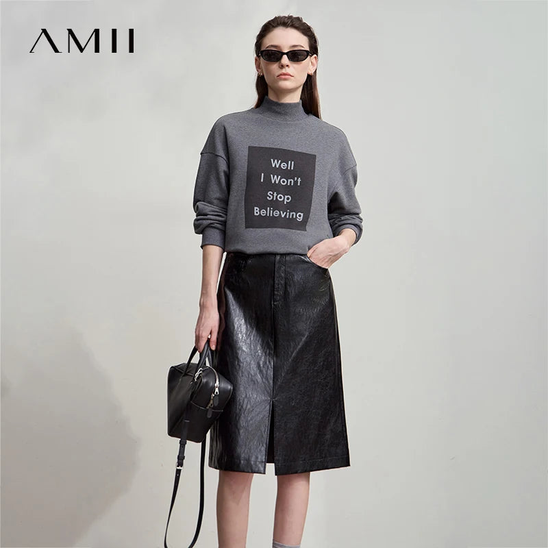 AMII Damen PU Leder Rock – Minimalistischer Knie­langer Business-Rock im American Retro Stil, eleganter Office-Rock Herbst/Winter 2025