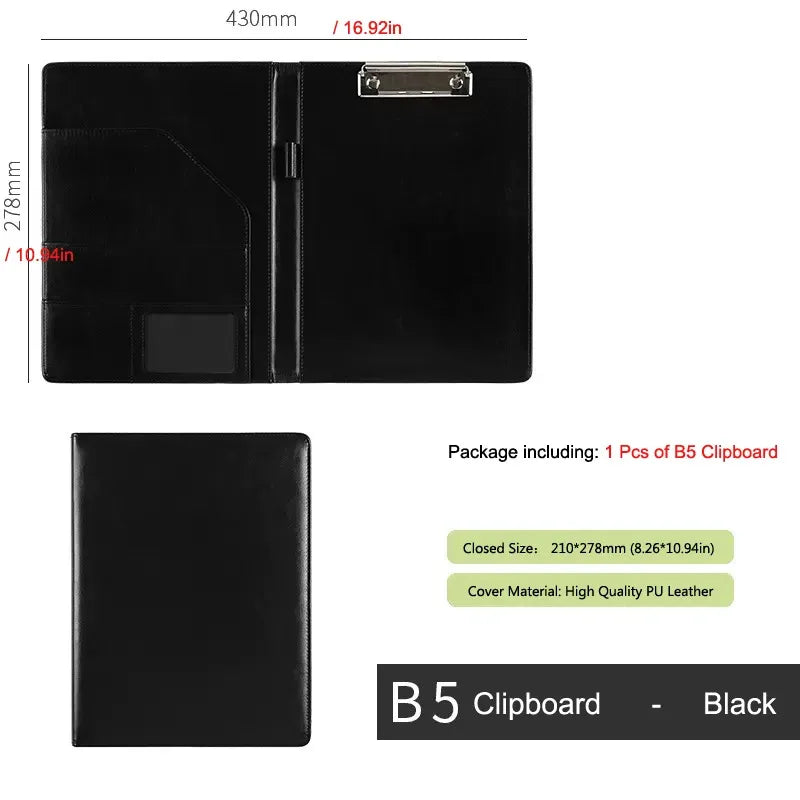 A5 / B5 Carpeta de cuero con Klemmbrett – Carpeta de negocios negra con cuero PU | Mapas de documentos y portapapeles para oficinas y reuniones 