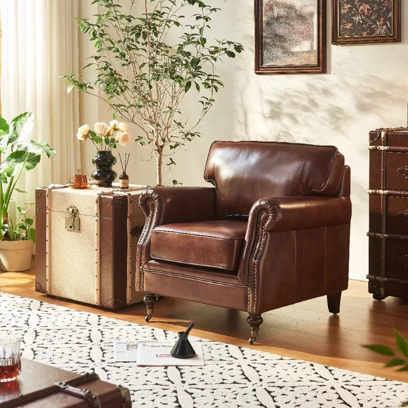 Vintage Leder Sessel im französisch-amerikanischen Stil – Antiker Relaxsessel aus Oil-Wax Leder, Retro Tiger Chair für Wohnzimmer & Lounge