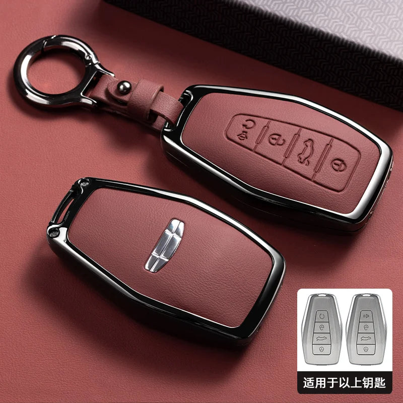 Zinklegierung & Leder Autoschlüssel Hülle mit Kette – Premium Key Case Cover für Geely & Proton Modelle
