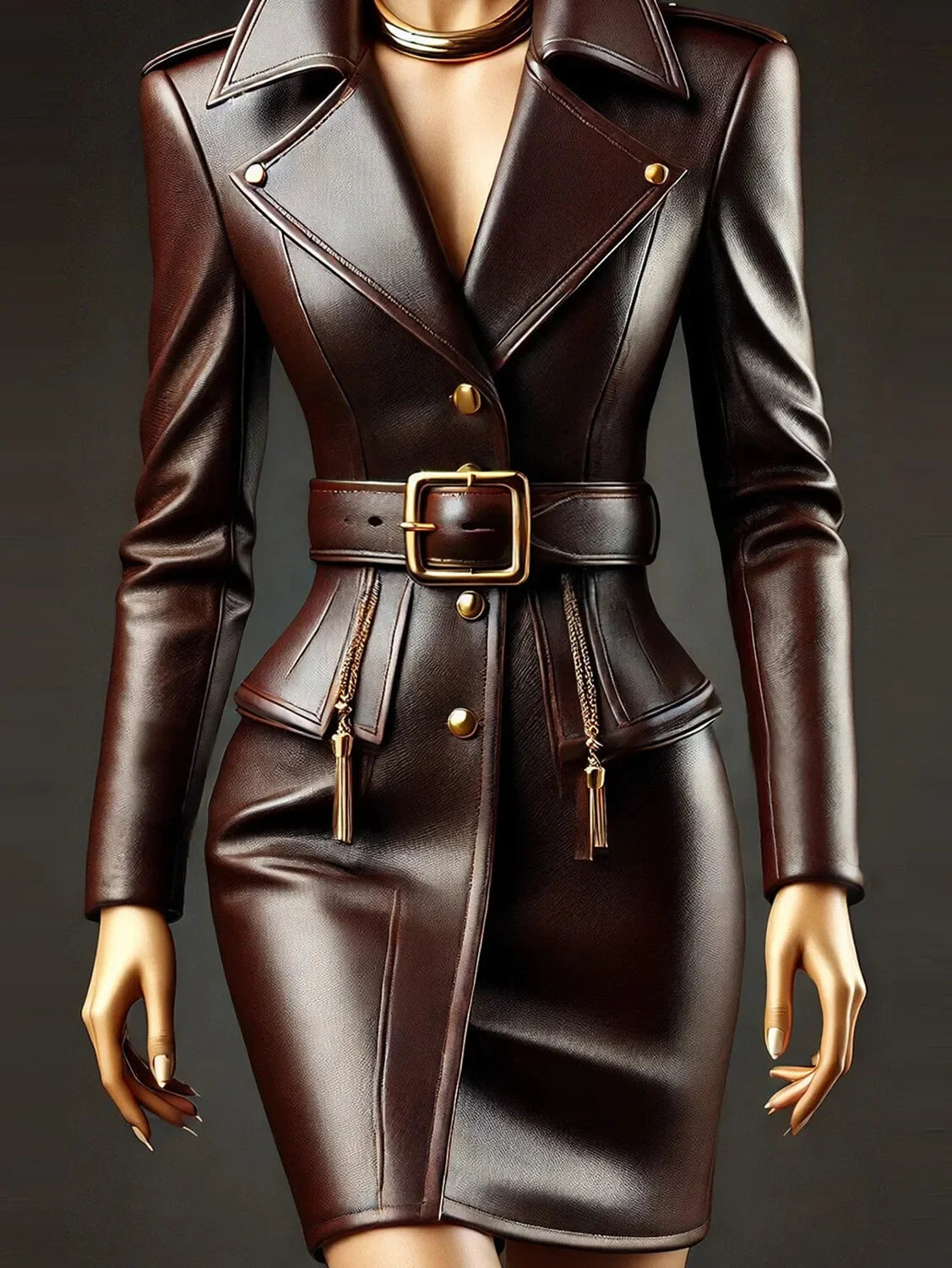 Damen PU Leder Kleid mit Reverskragen – Elegantes Mini-Hemdkleid mit Knopfleiste & Gürtel, Vintage Office Look mit Taschen