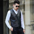 Herren Motorrad Weste aus PU-Leder – Warme Winter Lederweste mit Fleece-Futter, V-Ausschnitt & Knopfleiste, ärmellos